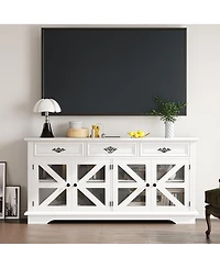 Gaomon white 63" kitchen buffet cabinet with glass display, 3 drawers, charging station, and mesh barn doors.