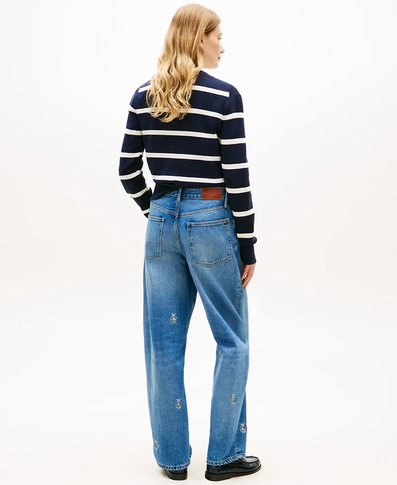 Tommy Hilfiger Women's All-Over Crest Wide Leg Barrel Jeans