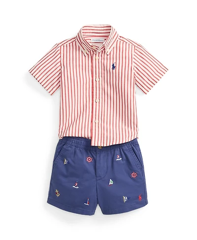 Polo Ralph Lauren Baby Boys' Striped Poplin Shirt and Embroidered Shorts, 2-Piece Set
