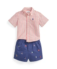Polo Ralph Lauren Baby Boys' Striped Poplin Shirt and Embroidered Shorts, 2-Piece Set