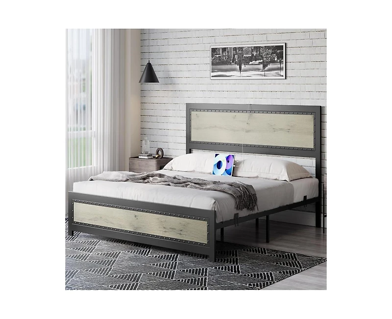 gaomon Queen Size Bed Frame, Industrial Wooden Platform Bed Frame with Rivet Headboard