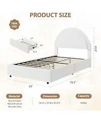 gaomon White twin upholstered boucle bed with storage drawers, round headboard, platform frame