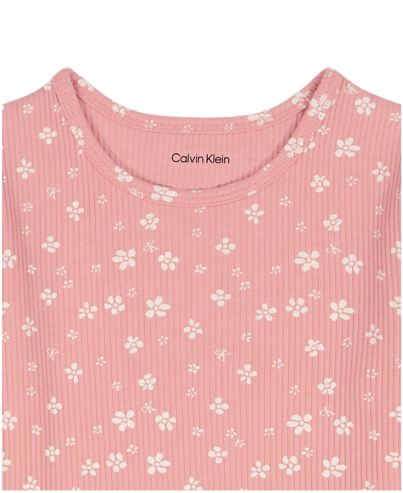Calvin Klein Girls' Toddler 2T-4T Short-Sleeve Top and Overall, 2-Piece Set