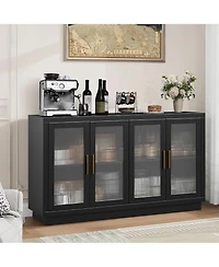 gaomon Buffet Cabinet with Storage, Large Sideboard Buffet Table with 4 Fluted Glass Doors & Adjustable Shelf,Modern Glass Sideboard for Living Room