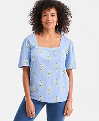 Style & Co Women's Printed Square-Neck Flutter-Sleeve Top