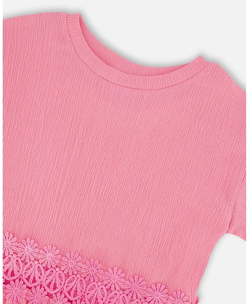 Deux par Girl Crinkle Jersey Long T-Shirt with Crochet Insert Pink - Toddler|Child