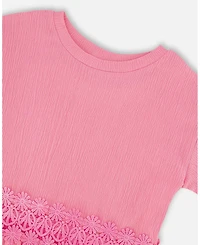 Deux par Girl Crinkle Jersey Long T-Shirt with Crochet Insert Pink - Toddler|Child