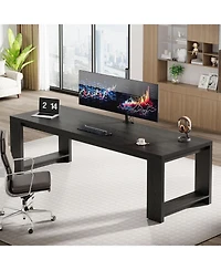 Tribesigns 2 Person Desk, 86.6 Inches Extra Long Double Computer Writing Table, All Wood Large Desks Workstation for Home Office, Natural Oak