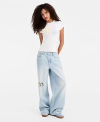 Vanilla Star Juniors' Lace-Trim Destructed Elastic-Back Jeans