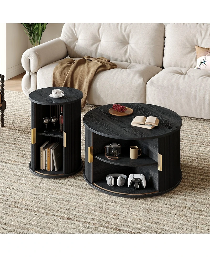 Coffee Table Set with Sliding Tambour Door and Round Fluted End for Living Room