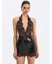 Miss Circle Women's Faris Mahogany Plunging Halter Belted Mini Dress