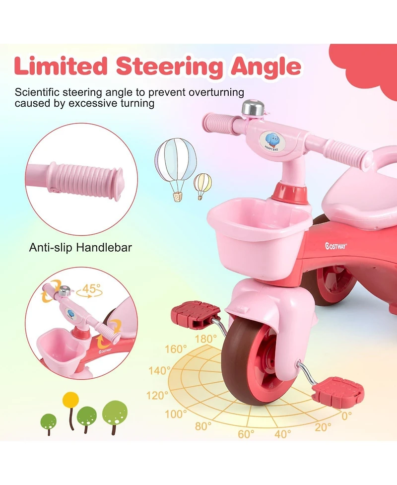 Toddler Tricycle with Limited Steering with Front Baskets and Bell-Pink