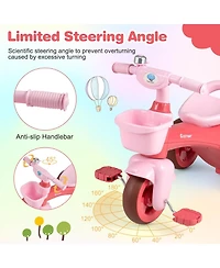 Toddler Tricycle with Limited Steering with Front Baskets and Bell-Pink