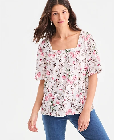 Style & Co Petite Printed Square-Neck Short-Sleeve Top, Macy's Exclusive