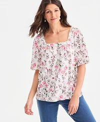 Style & Co Petite Printed Square-Neck Short-Sleeve Top, Macy's Exclusive
