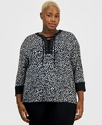 Jm Collection Plus Lace-Up 3/4-Sleeve Knit Top, Macy's Exclusive