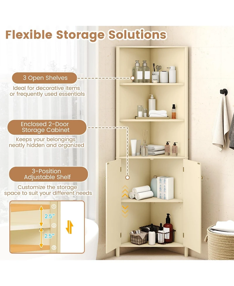 Volenca 68" Tall Corner Bathroom Cabinet with 5 Shelves and 2 Fluted Doors, Space-Saving