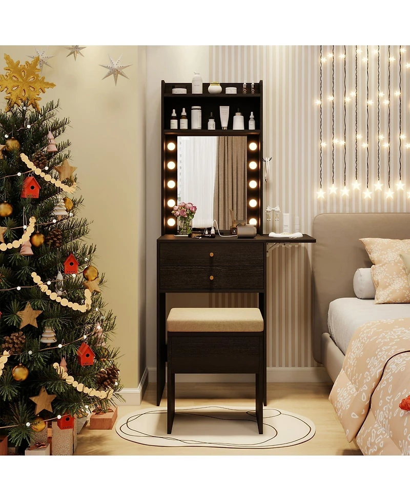 Volenca Compact Vanity Desk Set with 3-Color Lighted Mirror and Power Outlets, Makeup Table