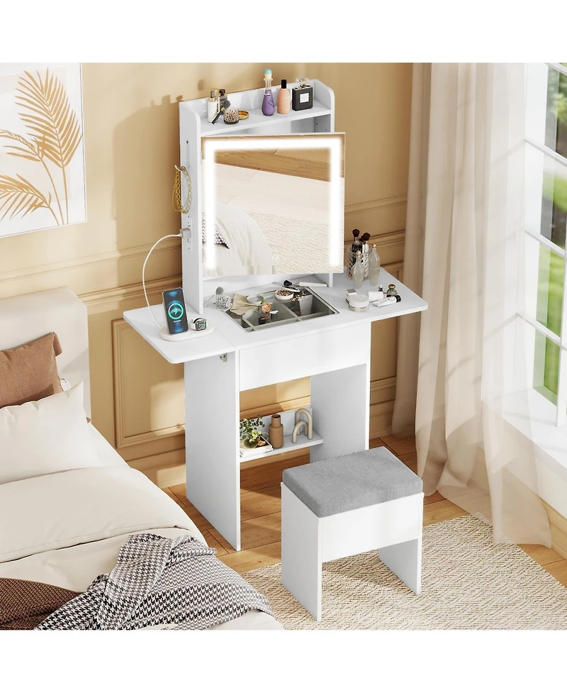 Volenca Space-Saving Vanity Desk with Lighted Mirror and Lights, Bedroom Makeup Table