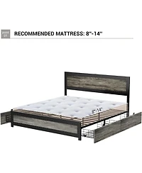 gaomon King Bed Frame with Headboard, Industrial Platform, 4 Storage Drawers, Charging Station, Metal Slats, Washed Gray