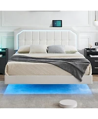 gaomon Queen Floating Platform Bed with Rgb Led Lights, Adjustable Upholstered Headboard, Button-Tufted, Easy Assembly