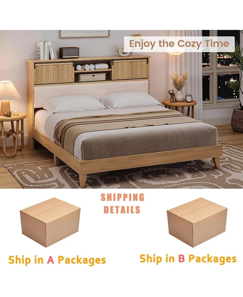 gaomon King Size Rattan Bed Frame with Headboard, Storage Shelves, Boho Solid Wood Platform, Sliding Door Shelf