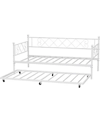 gaomon Twin Daybed with Trundle, Heavy-Duty Metal Slats, Upholstered Headboard, Space-Saving, White