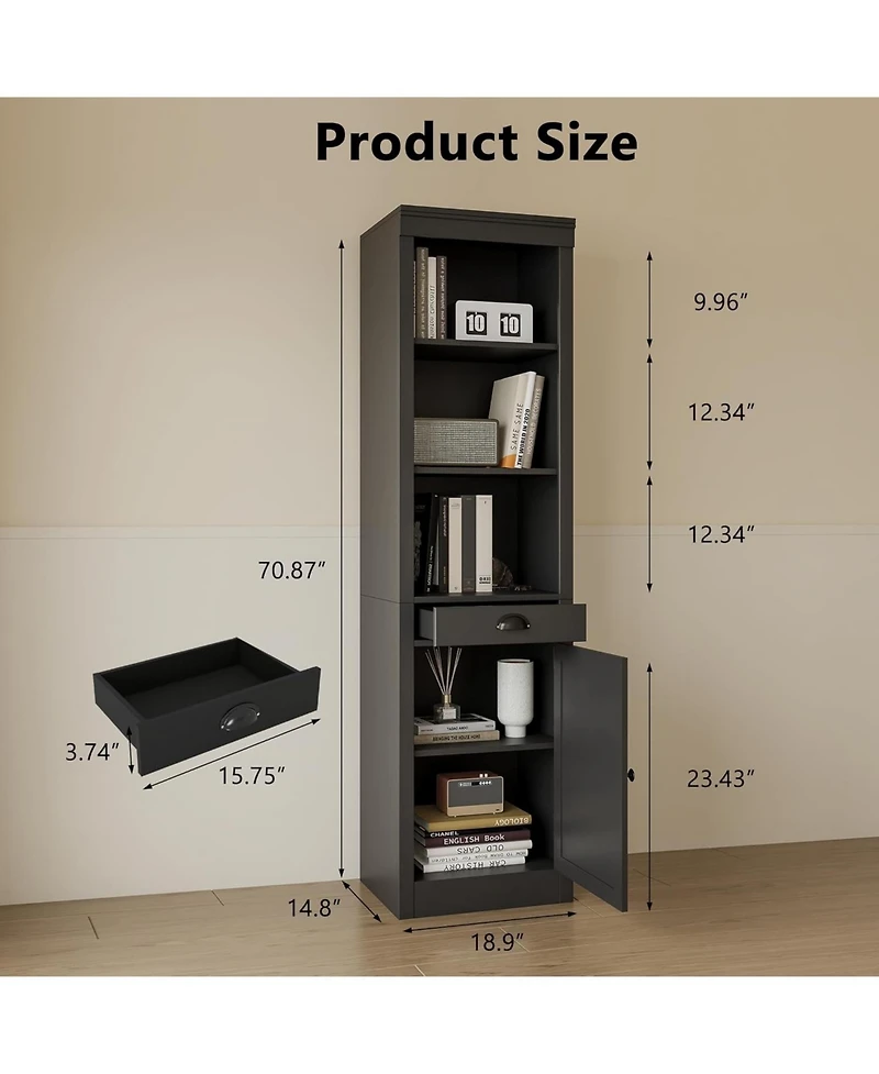 Gaomon 71" Narrow Storage Cabinet with Adjustable Shelves, 3-Tier Bookcase with Drawers & Doors