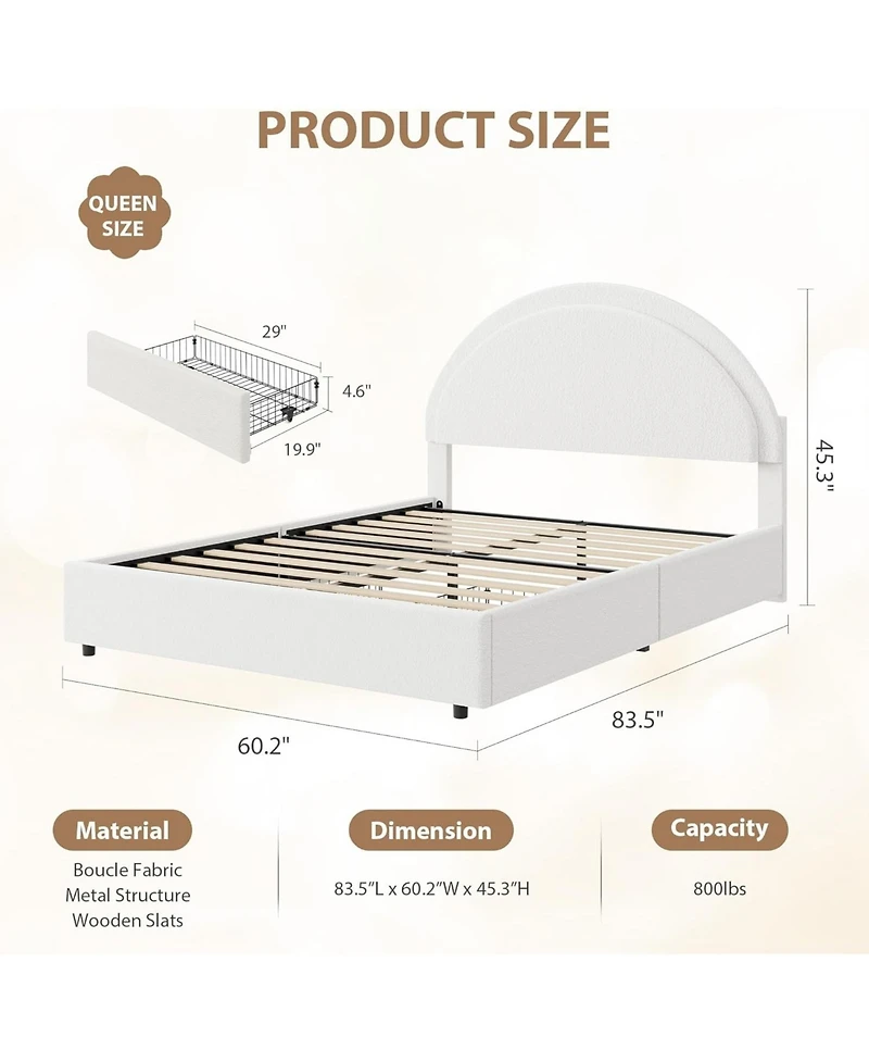 gaomon Queen Bed Frame with Storage Drawers, Boucle Upholstered Platform, Round Headboard, Heavy-Duty, Noise-Free, No Box Spring, White