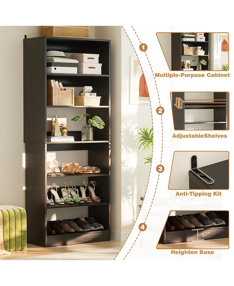 Aheaplus 6-Tier Shoe Rack Tower, 80'' Floor Standing Wooden Organizer