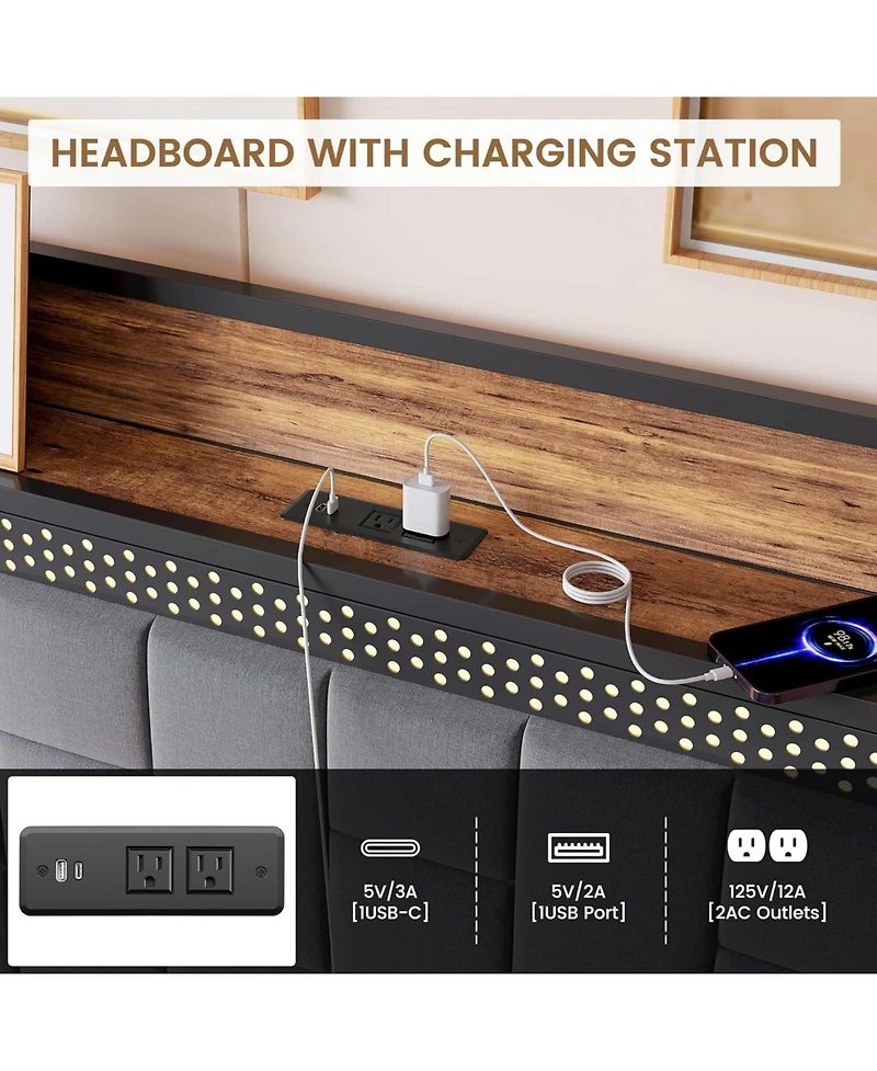 gaomon Full Led Upholstered Platform Bed Frame with Charging Station Grey