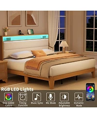 gaomon King White Boucle Upholstered Bed Frame with Led Lighting & Usb Ports, 2-Tier Storage, Easy Assembly