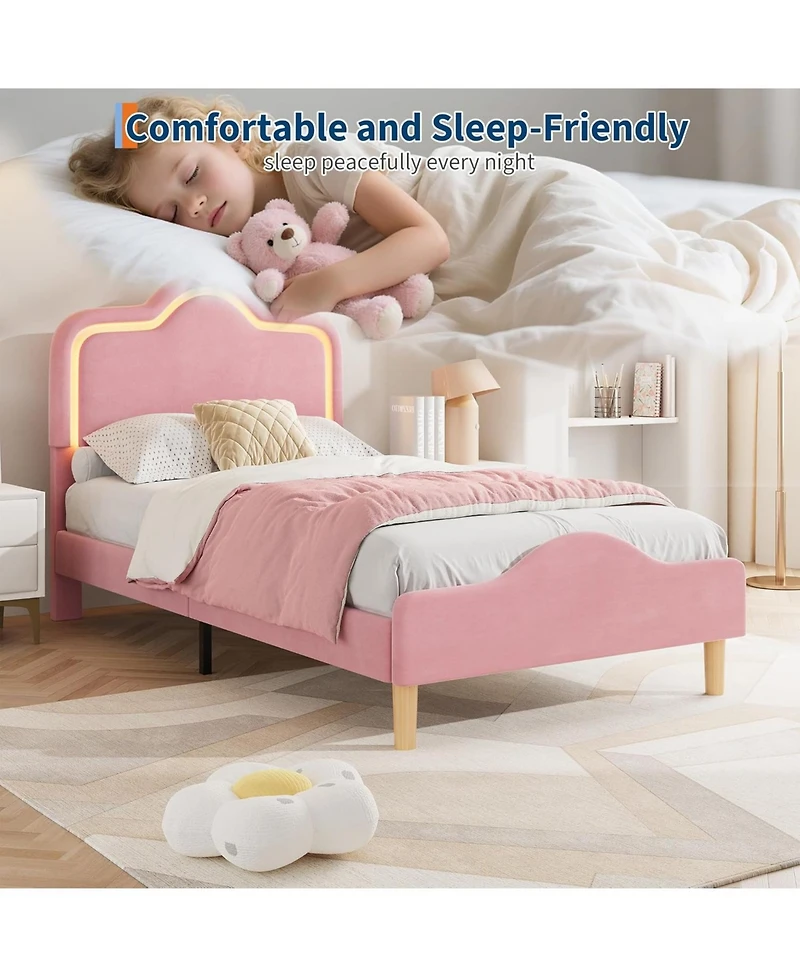 gaomon Twin Velvet Bed Frame with Led Headboard & Footboard, Princess Platform, Slats, Pink