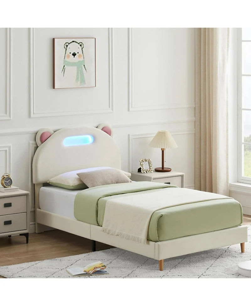 gaomon Twin Upholstered Platform Bed Frame with Led Headboard and Wooden Slats, Kids' Bed, Beige