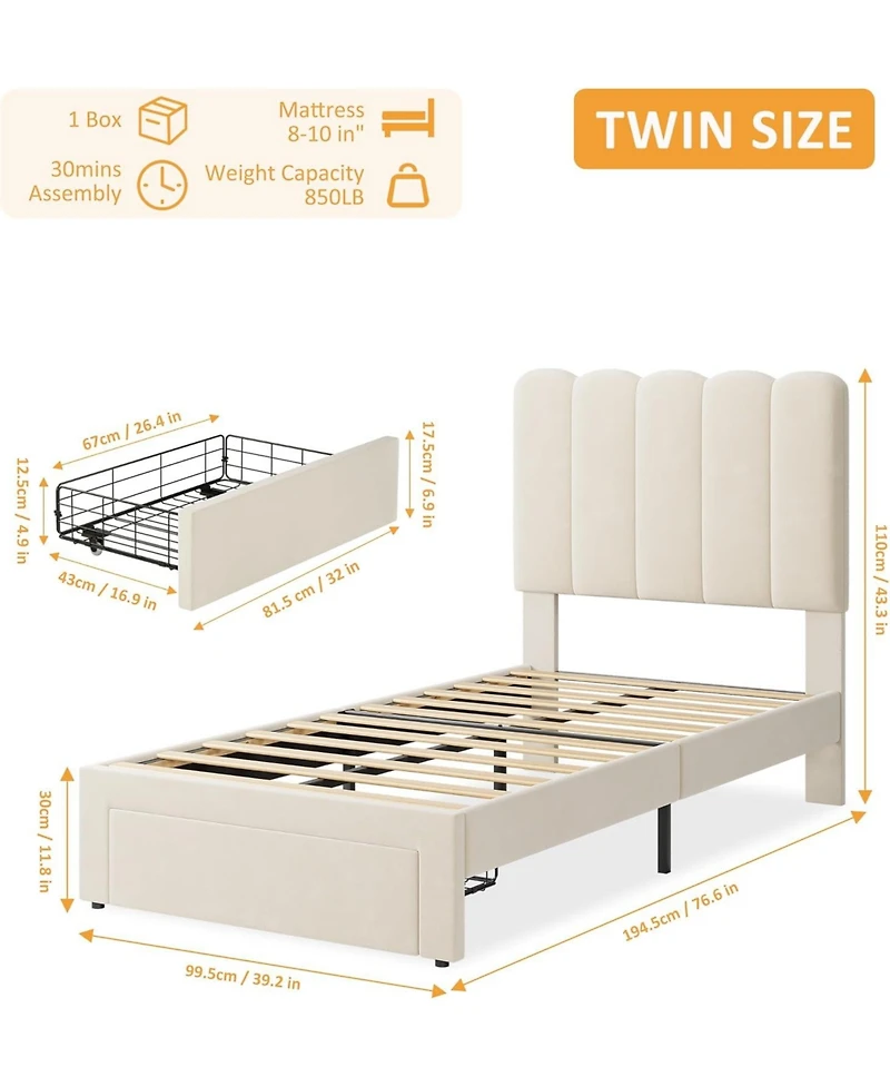 gaomon 2 Sets Twin Bed Frame with Under-Bed Drawer, Upholstered Platform Bed with Wave Headboard for Kids/Girls