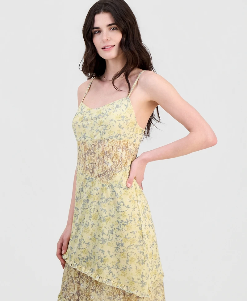 Hippie Rose Juniors' Floral Mesh Lace-Inset Dress