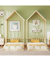 Slickblue Twin House-Shaped Bed with Roof and Semi Fence for Kids