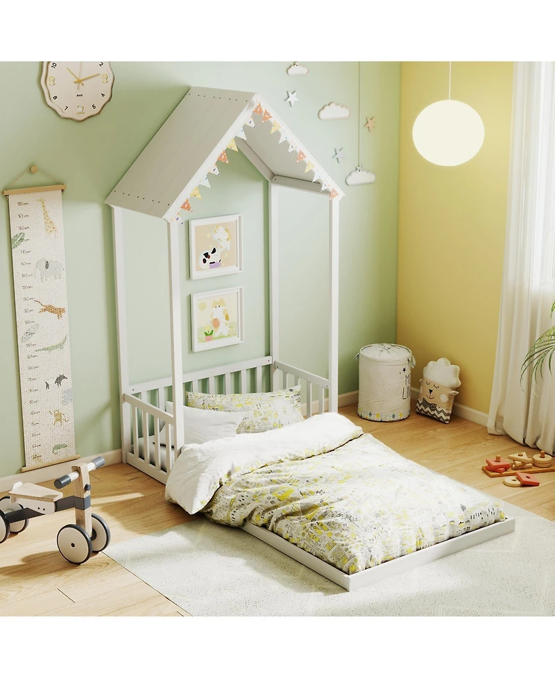 Slickblue Twin House-Shaped Bed with Roof and Semi Fence for Kids