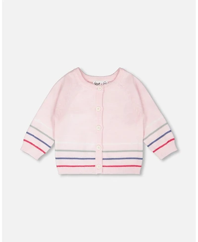 Deux par Baby Girls Cotton Knit Striped Button Front Cardigan Light Pink