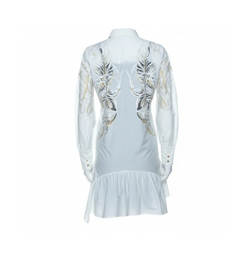 Pre-Owned Roberto Cavalli Women's White Brasso Feather Print Cotton Shirt Dress