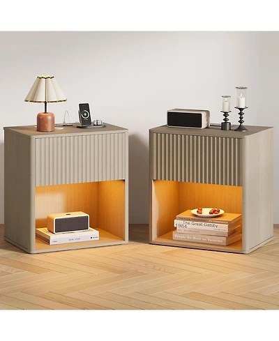 Gaomon Set of 2 Grey Oak Fluted Nightstands with Led & Charging