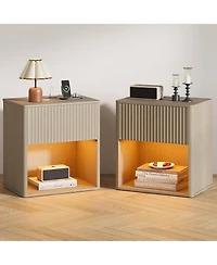 Gaomon Set of 2 Grey Oak Fluted Nightstands with Led & Charging