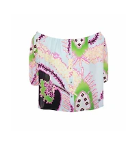 Pre-Owned Roberto Cavalli Women's Multicolor Abstract Printed Silk Ruffle Sleeve Blouse