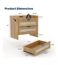 gaomon 1PC Walnut Brown Rattan Nightstand, 2-Drawer Bedside Table with Type-c Charging Station