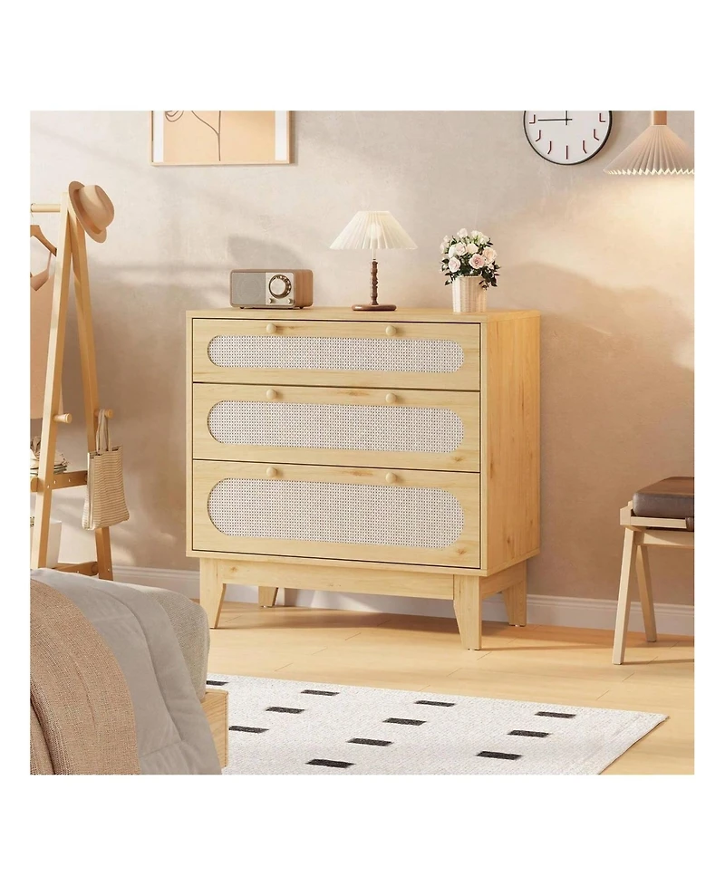 gaomon Modern Large Rattan Drawer Nightstand, Spacious Bedside Table Storage Organizer for Bedroom