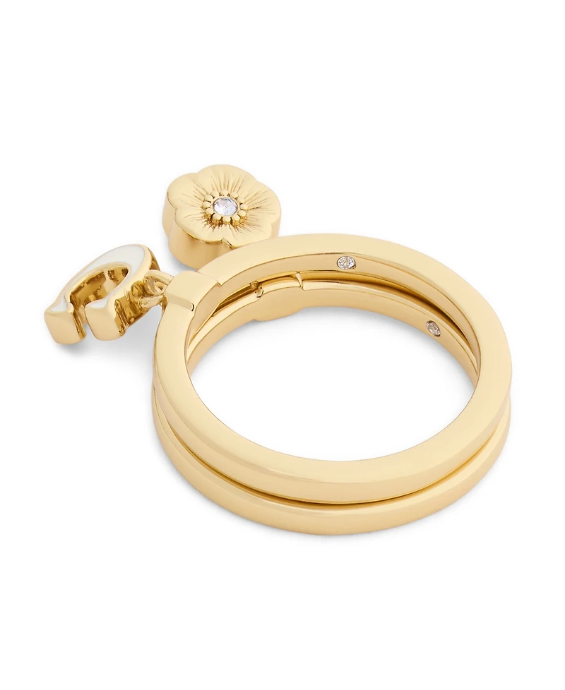 Coach Faux Stone Signature C Tea Rose Charm Duo Ring Set