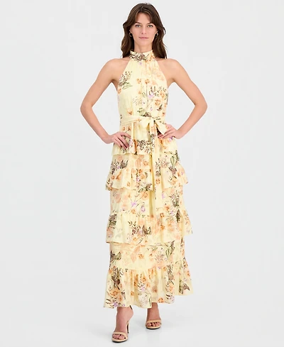 Anne Klein Women's Floral Print Halter Neck Sleeveless Maxi Dress