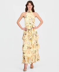 Anne Klein Women's Floral Print Halter Neck Sleeveless Maxi Dress