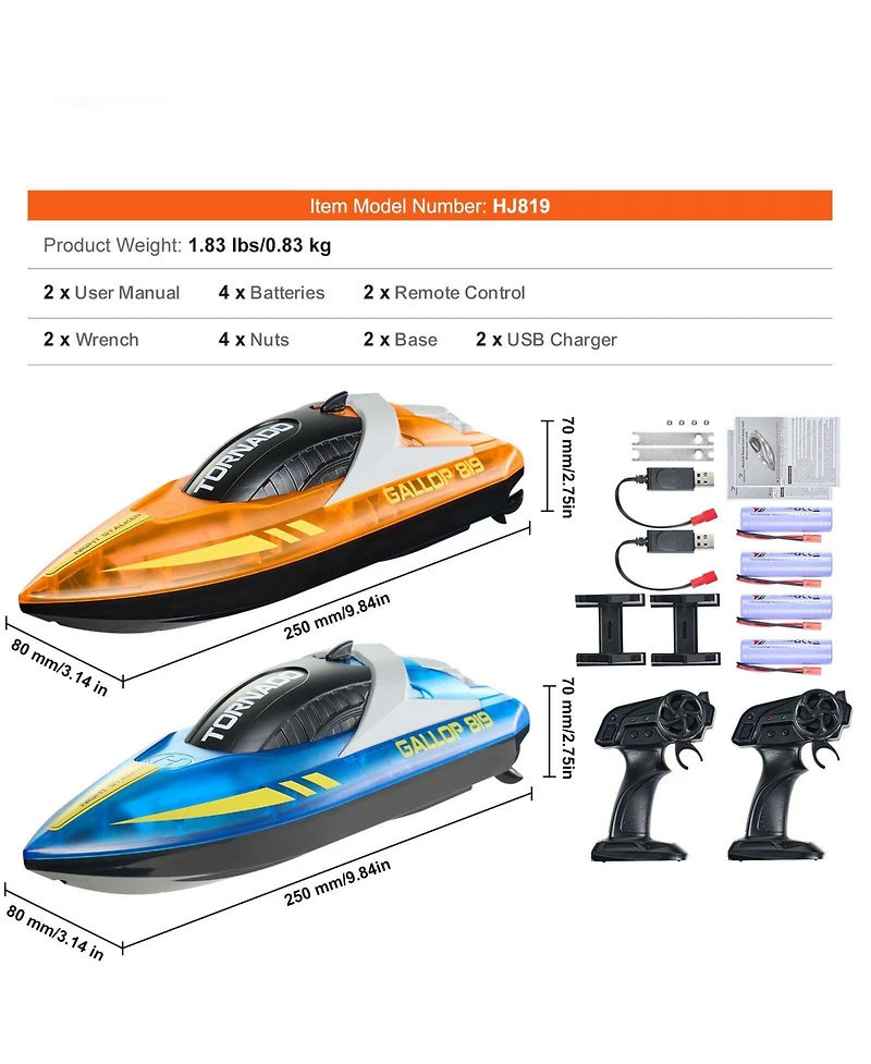 Sugift 2-Pack Rc Speed Boats with Led Lights in Blue & Orange