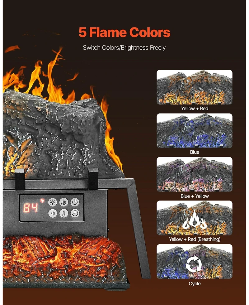 Electric Fireplace Log 25" Insert Heater with Remote Flames Timer Black